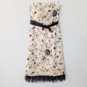 Tibi Silk Floral Embroidered Midi Dress Strapless Tulle Belted Beige Black 2